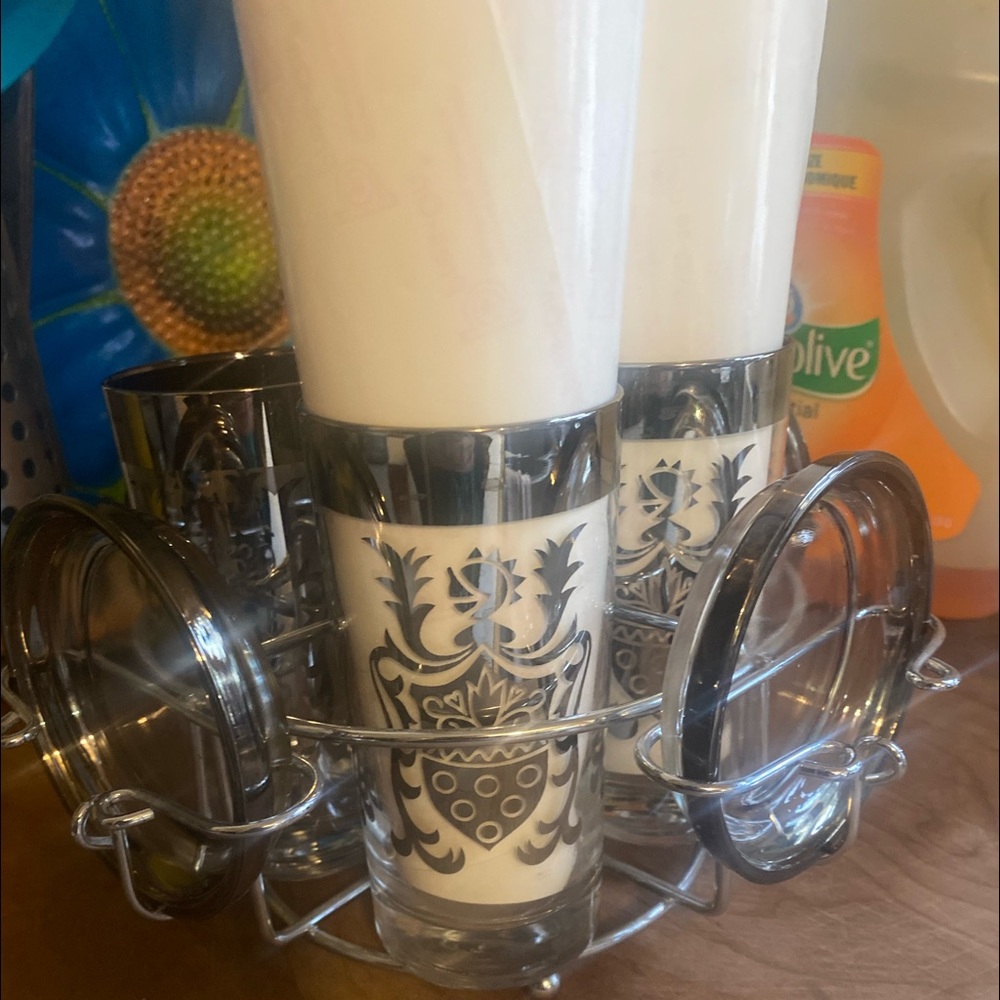 Vintage MCM Kimiko Silver “Guardian Crest” Highball Glass Barware Knight  set